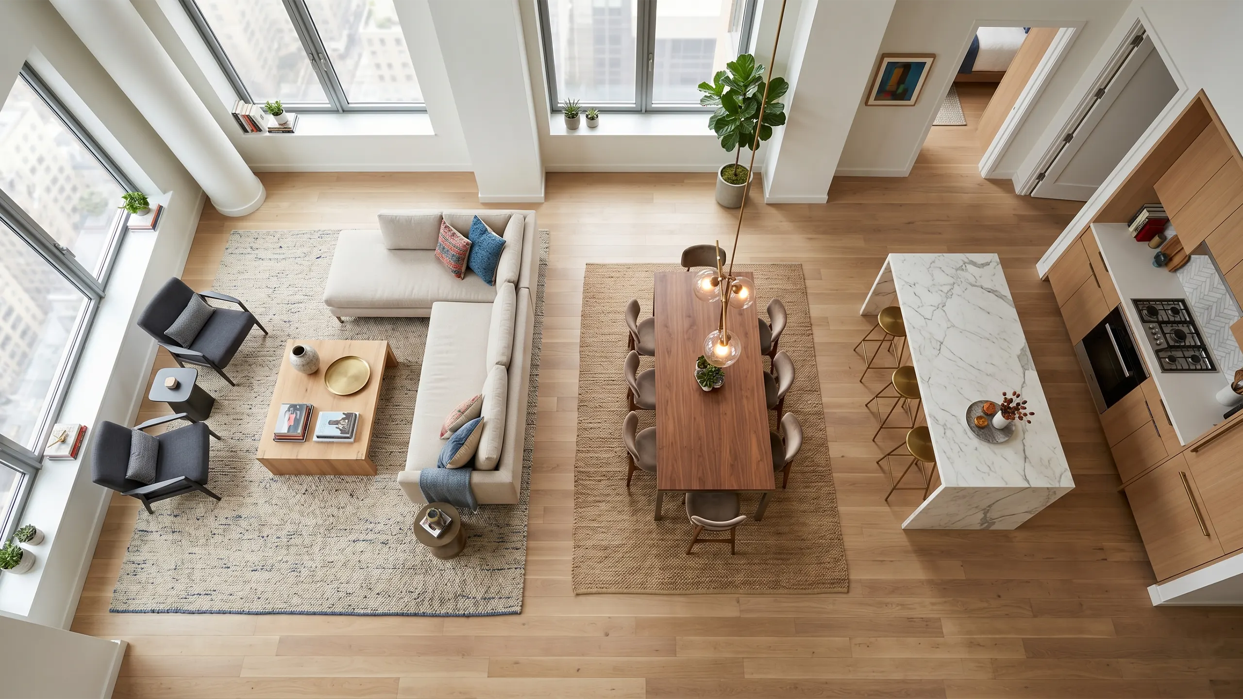 A top-down bird's-eye view of an open plan apartment showing distinct zones created by rugs: a textured rug under the living room sectional and a separate woven rug under the dining table, physically separating the areas