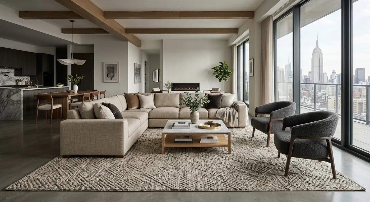 A spacious NYC open concept apartment showing a large beige sectional sofa successfully floated away from the walls, defining the living space while leaving a clear walkway behind it, with the Empire State Building visible in the background