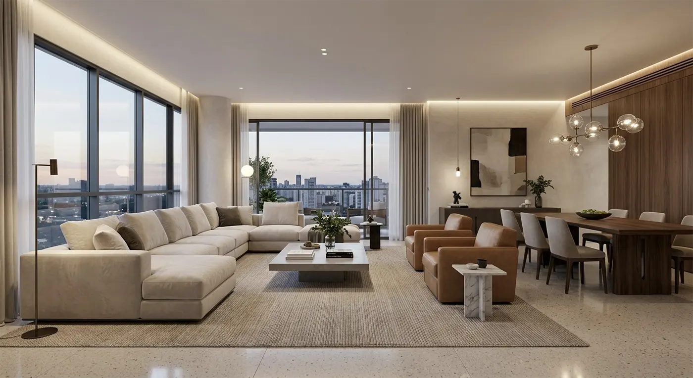 A luxurious Manhattan apartment with an open layout, featuring a large beige sectional sofa, a formal dining table, and expansive floor-to-ceiling windows offering a panoramic city view at dusk