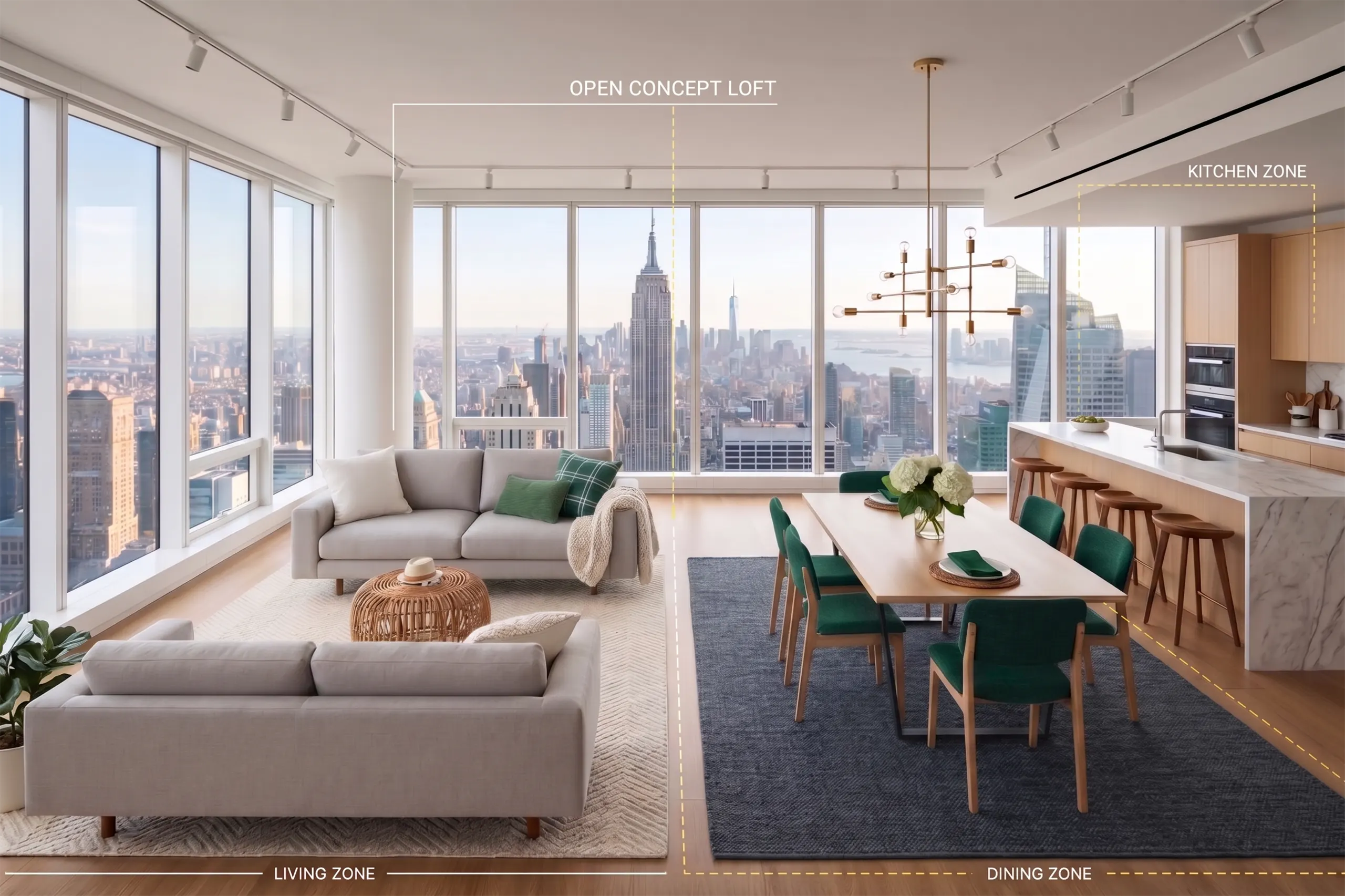 An annotated view of an open concept loft apartment in NYC, with yellow dashed lines and text labels clearly marking the Living Zone with a sofa, the Dining Zone with a table, and the Kitchen Zone with an island