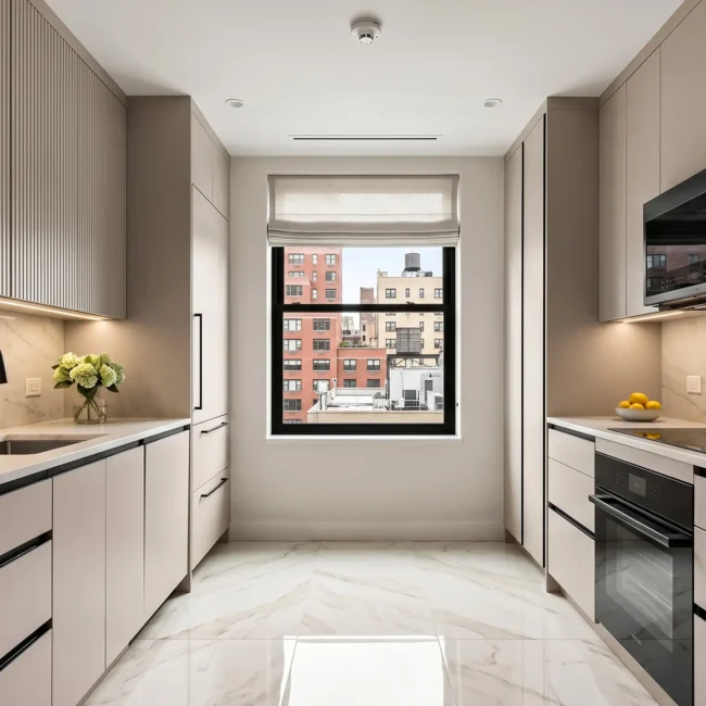 Small luxury kitchen renovation in NYC featuring handleless grey cabinets, marble floors, integrated appliances, and a window overlooking brownstones