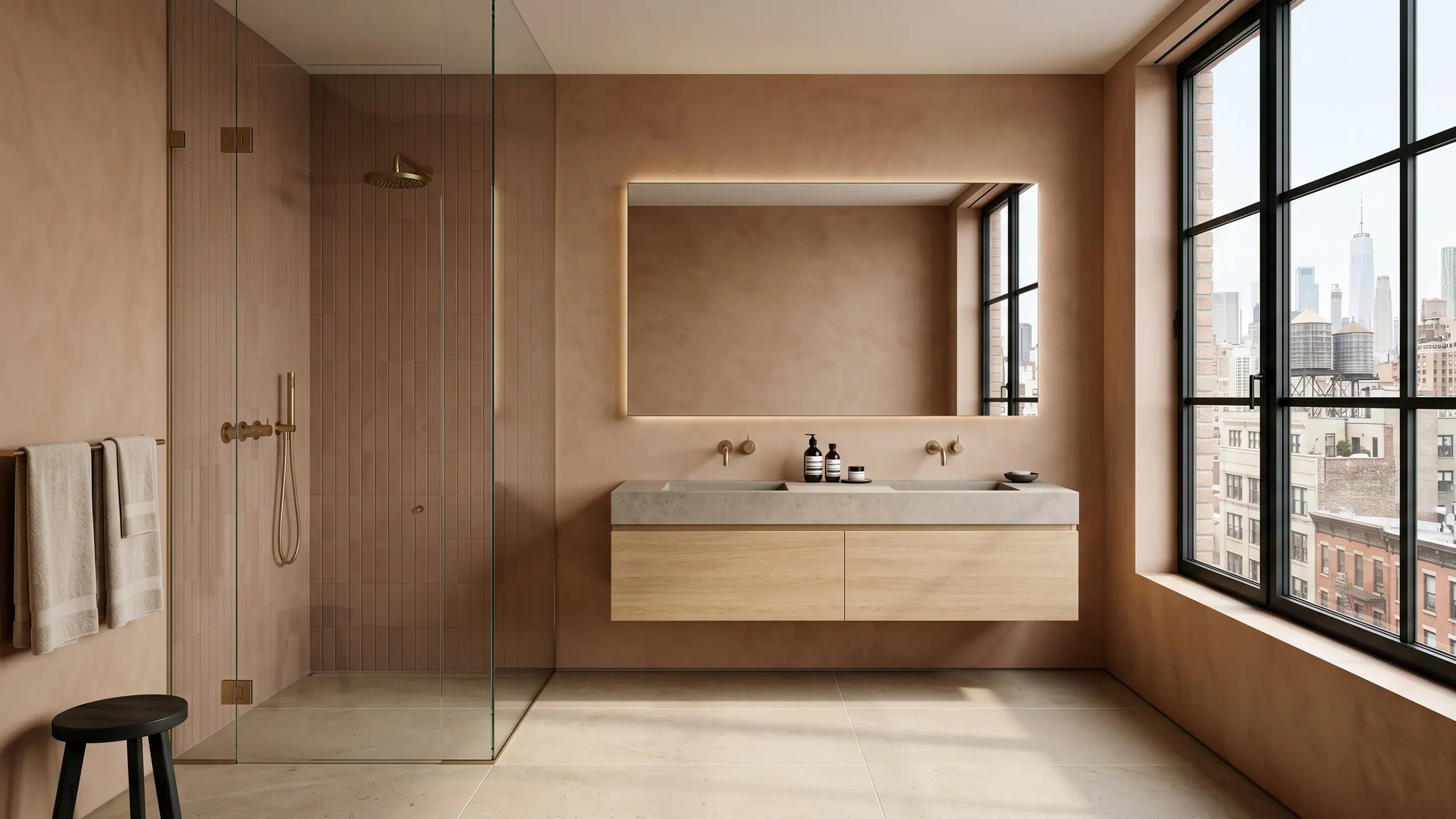 A luxurious, warm minimalist NYC bathroom featuring earthy plaster walls, a floating light wood vanity, brushed brass fixtures, and a large grid window overlooking the Manhattan skyline