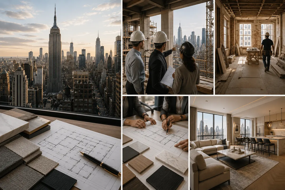 Manhattan renovation project, featuring the New York skyline, architects reviewing plans, a construction site inside a high-rise apartment, material samples, and a completed luxury interior with panoramic city views