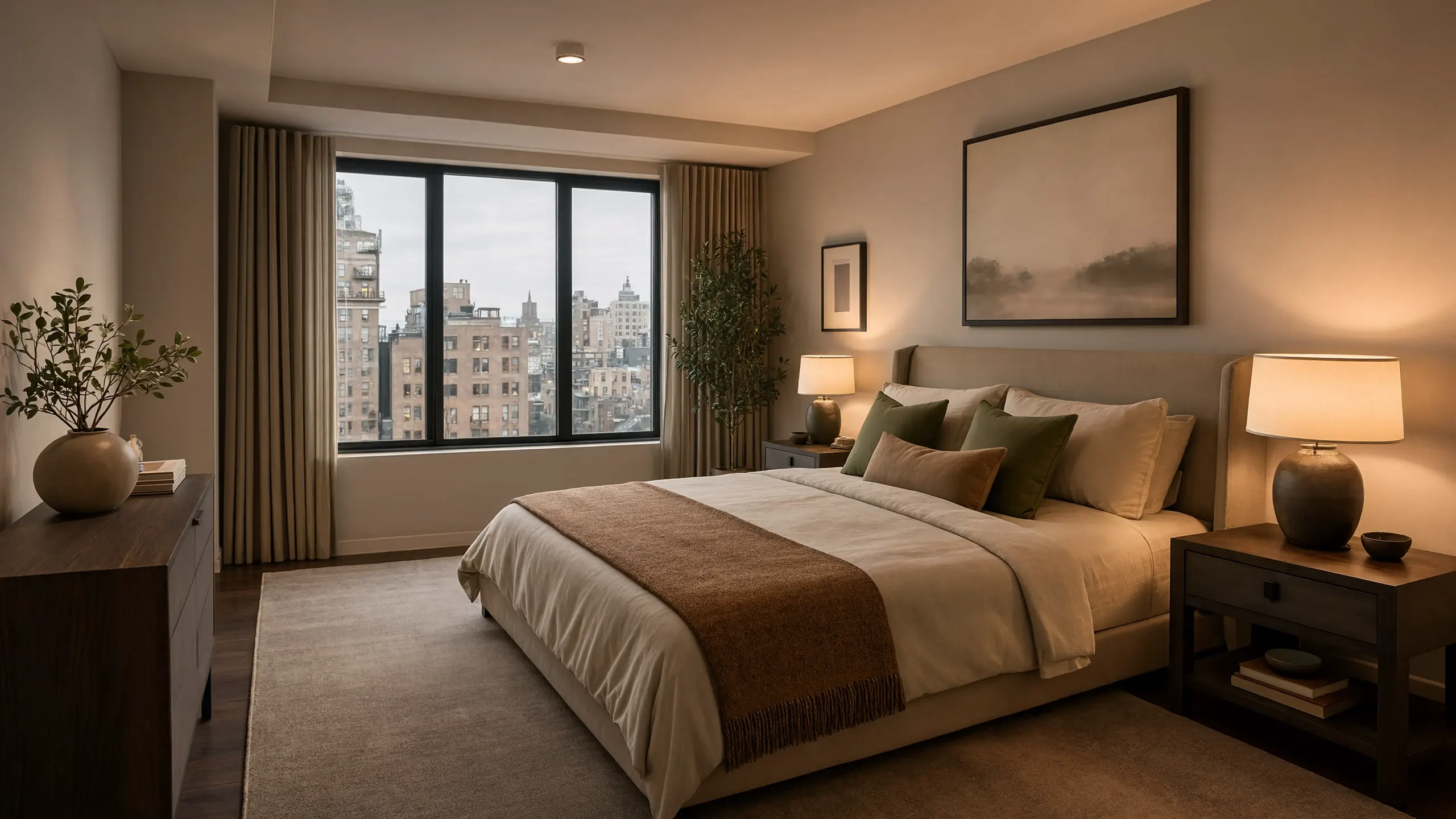 Serene master bedroom interior designed with warm earth tones, featuring a large bed with sage green and brown pillows, matching wooden nightstands with glowing bedside lamps, a large window overlooking a city skyline, and minimalist decor