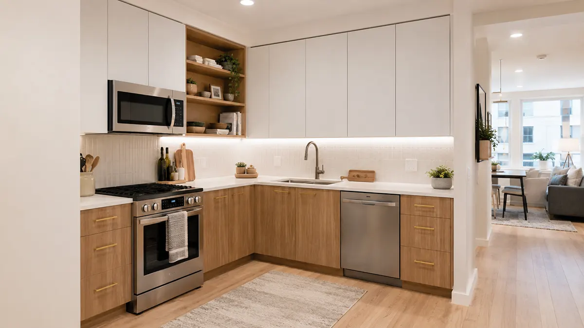 Modern L-shaped kitchen with wood cabinetry, white countertops, corner storage solutions, stainless steel appliances, and open-concept living area