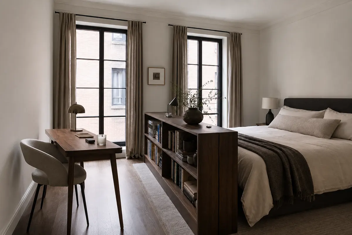 Elegant minimalist bedroom layout featuring a low wooden bookshelf used as a room divider between a cozy bed with neutral linens and a dedicated study workspace containing a wooden desk, modern upholstered chair, and large black-framed windows.