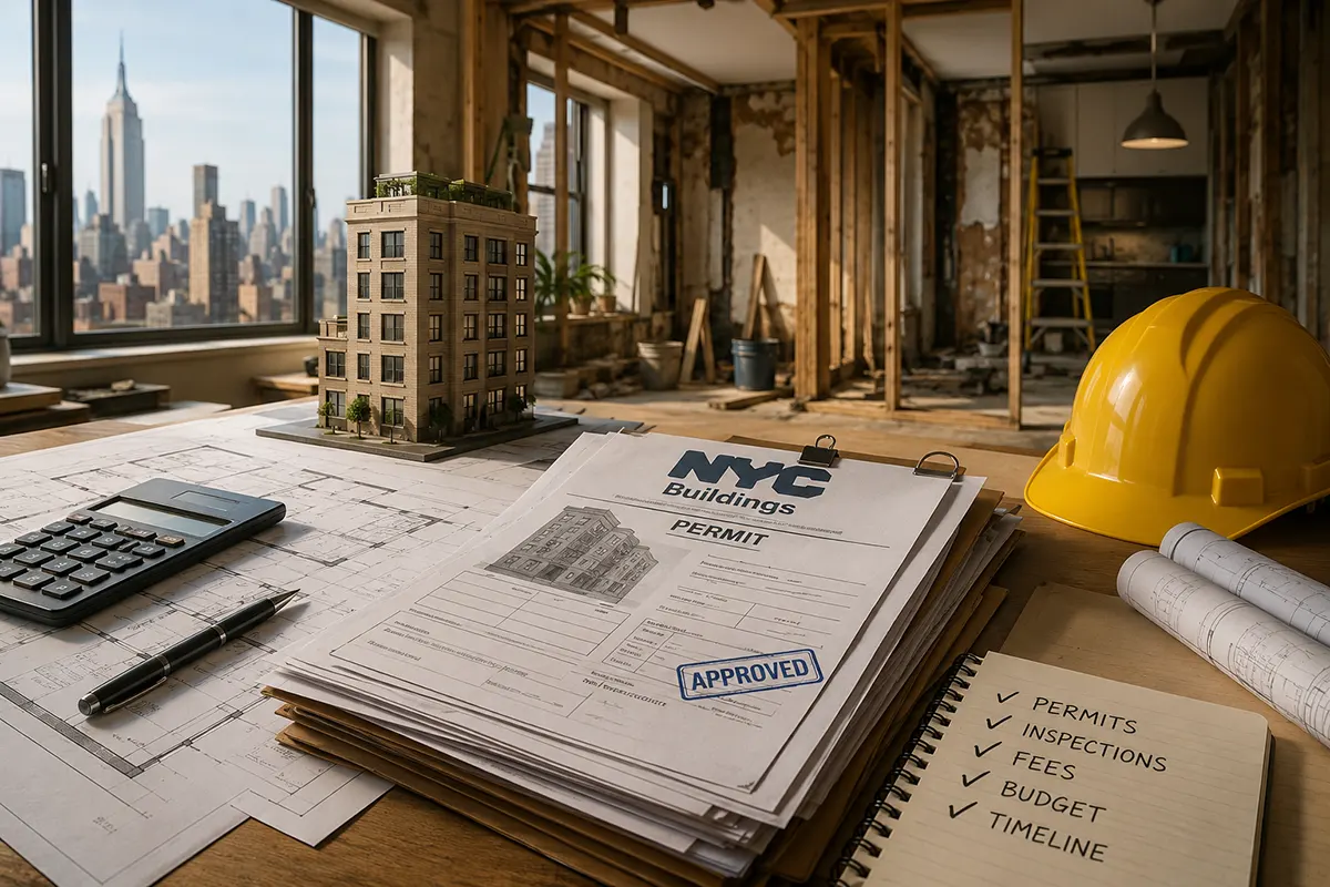 Architectural plans, construction documents, calculator and safety helmet on a desk overlooking a New York City apartment renovation project, representing permits, inspections, budgeting and renovation planning.
