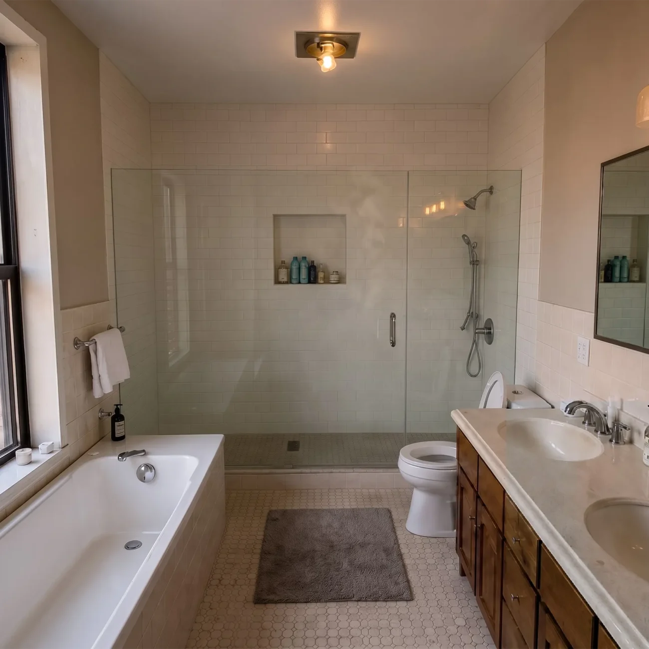 Classic older New York apartment bathroom before a complete renovation showcasing a double sink wooden vanity, a white bathtub below a large window with city views, a standard toilet, and a glass-enclosed walk-in shower with white subway tile