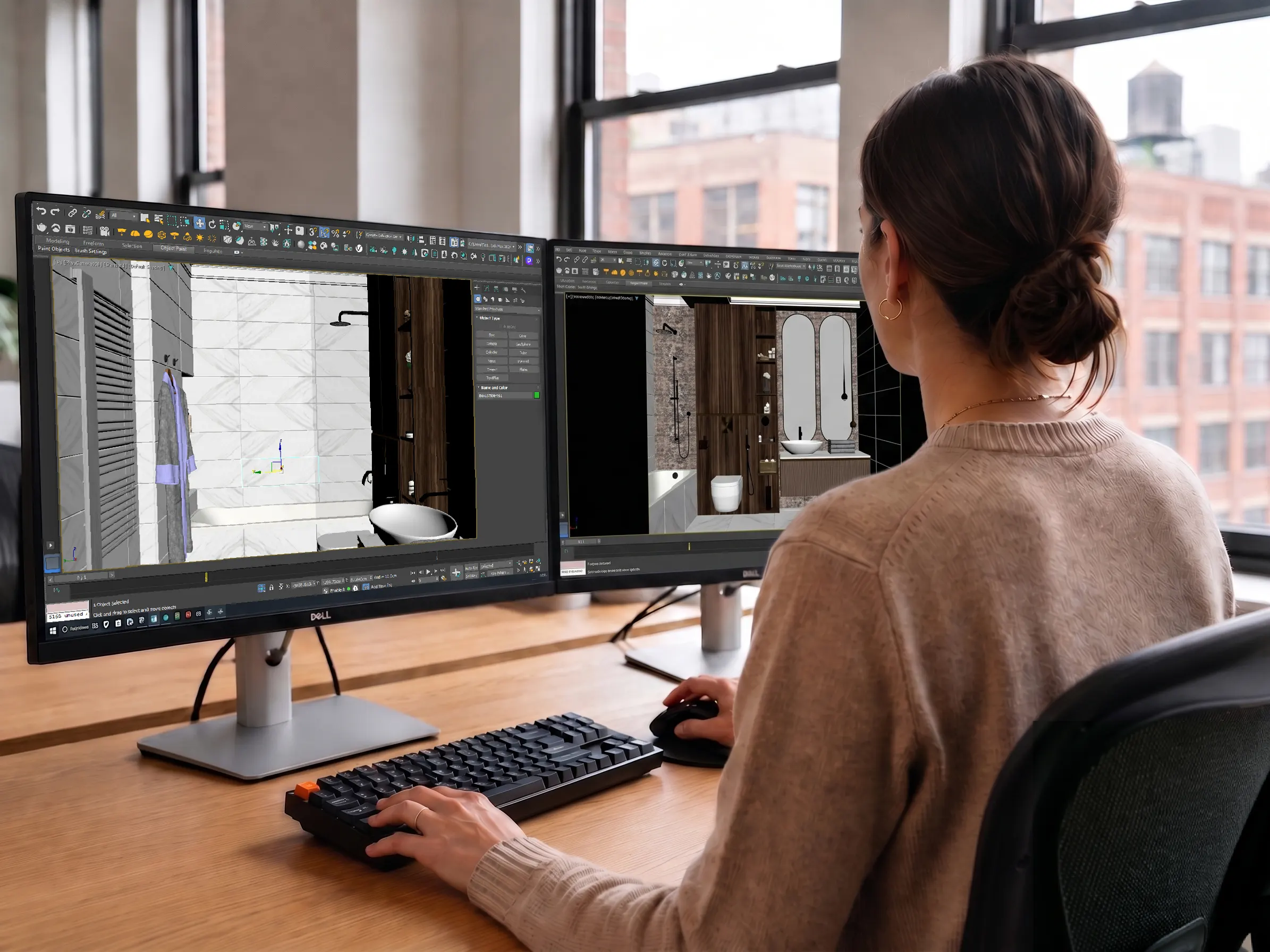 An interior designer from a rear view works on dual computer monitors, using professional 3D CAD modeling software to design a luxury bathroom layout featuring dark wood cabinetry, marble tiles, and modern fixtures