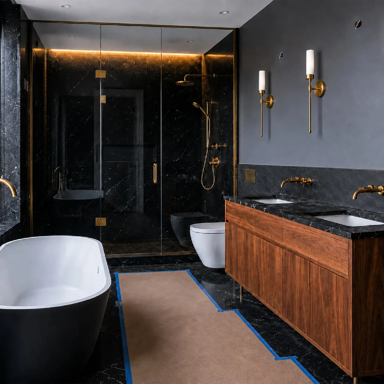 High-end bathroom reconstruction project near completion featuring a black freestanding bathtub by a large window, a double walnut vanity with black marble counter, brass wall-mounted faucets, three elegant brass sconces, and a glass-enclosed walk-in shower with black marble tiling
