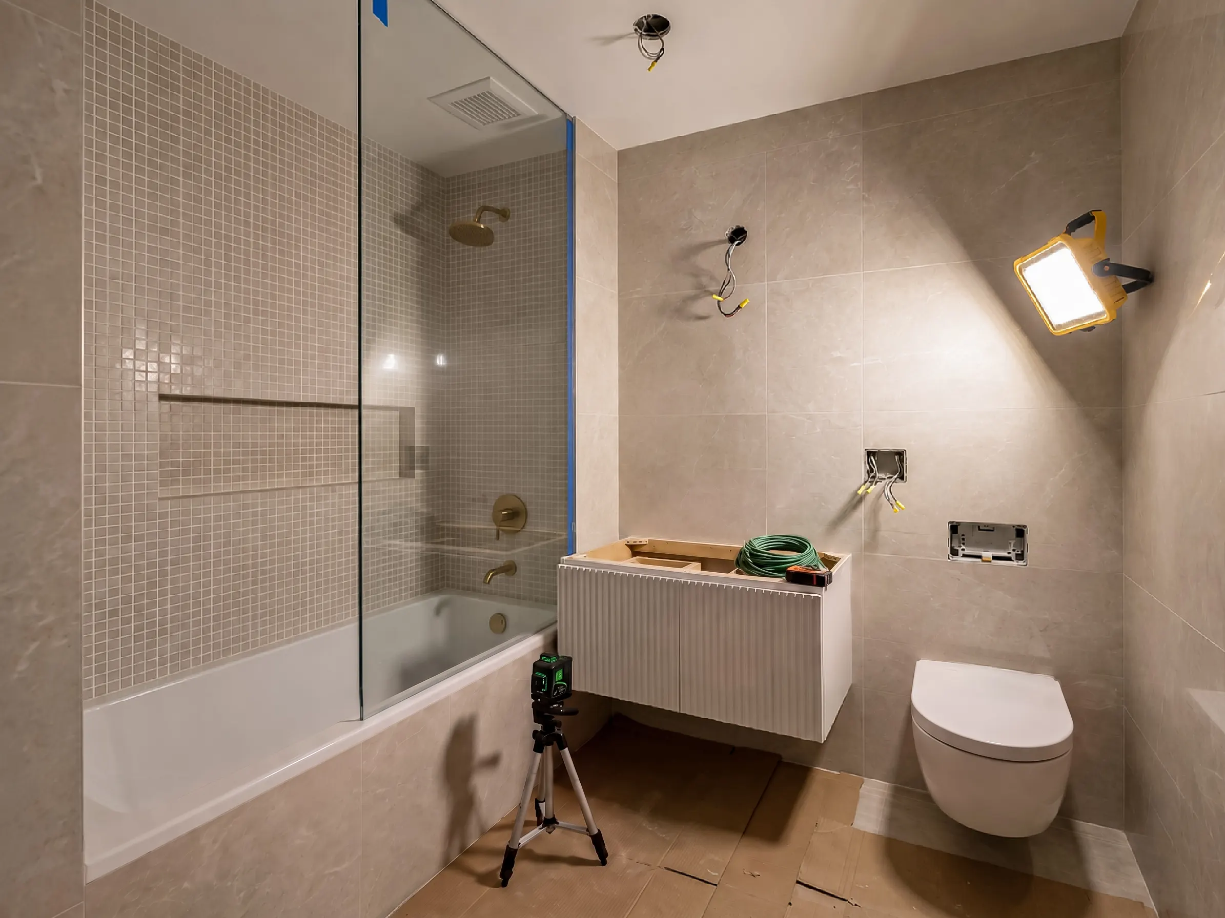 Modern bathroom remodeling project under construction showing a newly installed white fluted vanity, wall-mounted toilet, bathtub with a glass divider, large format grey wall tiles, and electrical wiring work under construction lights