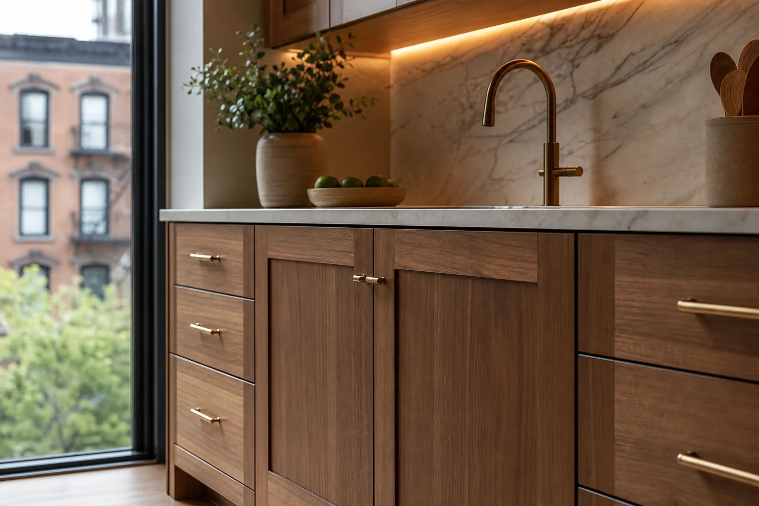 Close-up of a newly installed Shaker cabinet door and brushed metal pull fitted onto an existing cabinet box