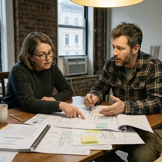An architect and a client having a serious discussion over blueprints and a Change Order document at a table in a gutted NYC apartment, illustrating the reality of renovation budget increases
