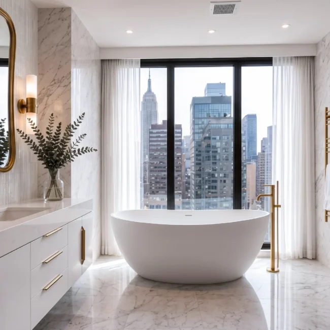 Luxury modern bathroom renovation featuring a freestanding soaking tub in front of a floor-to-ceiling window with Empire State Building views, white vanity with gold hardware, and marble walls and floors