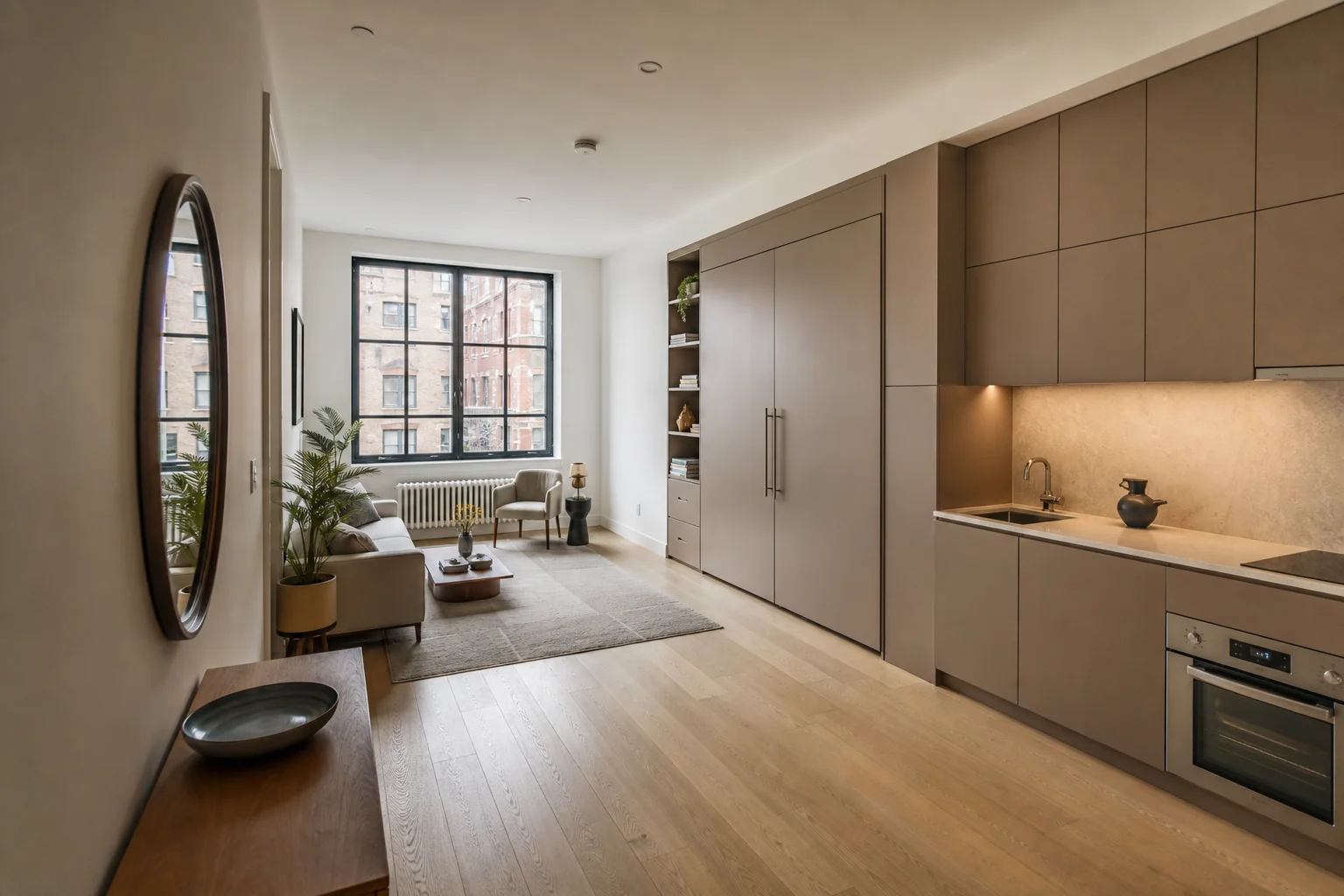Compact studio apartment with built-in storage, murphy bed, and clear entry path