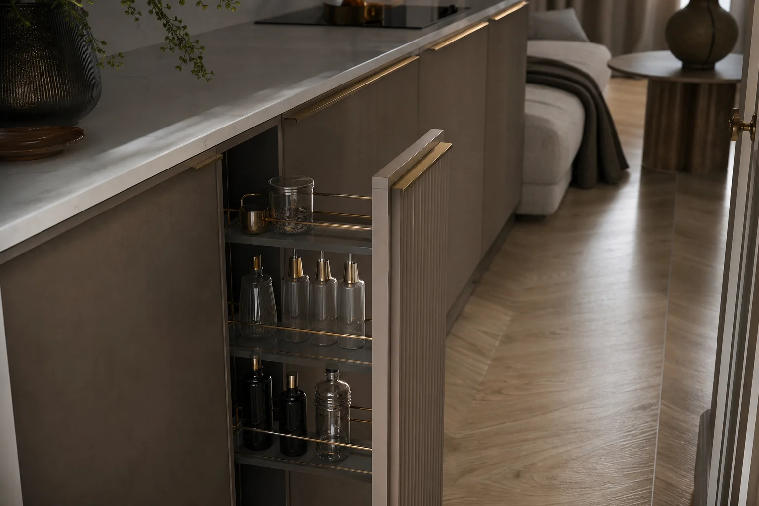 Corner cabinet pull-out with fluted panel and brass handle