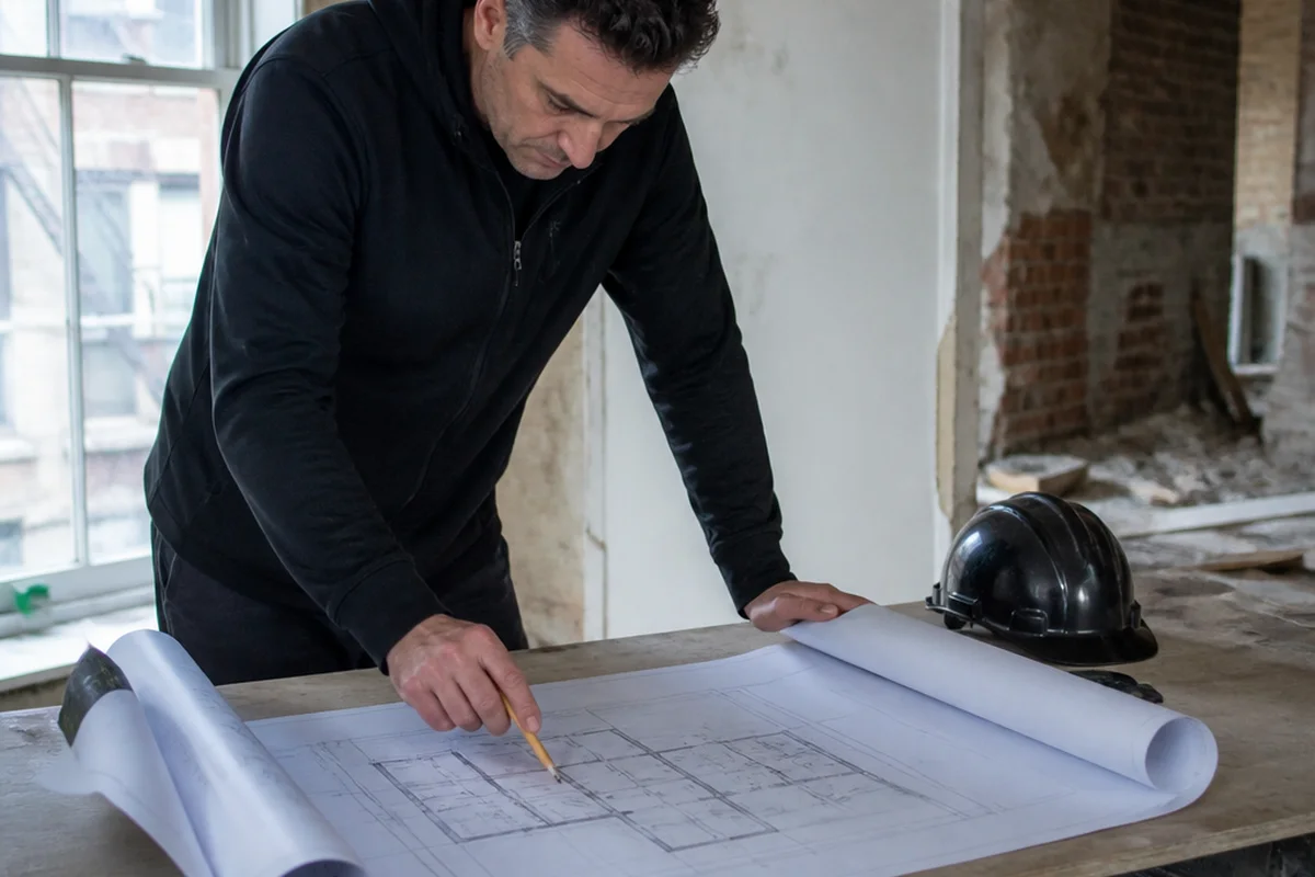 Hyperrealistic contractor reviewing architectural floor plan drawings, Manhattan apartment renovatio