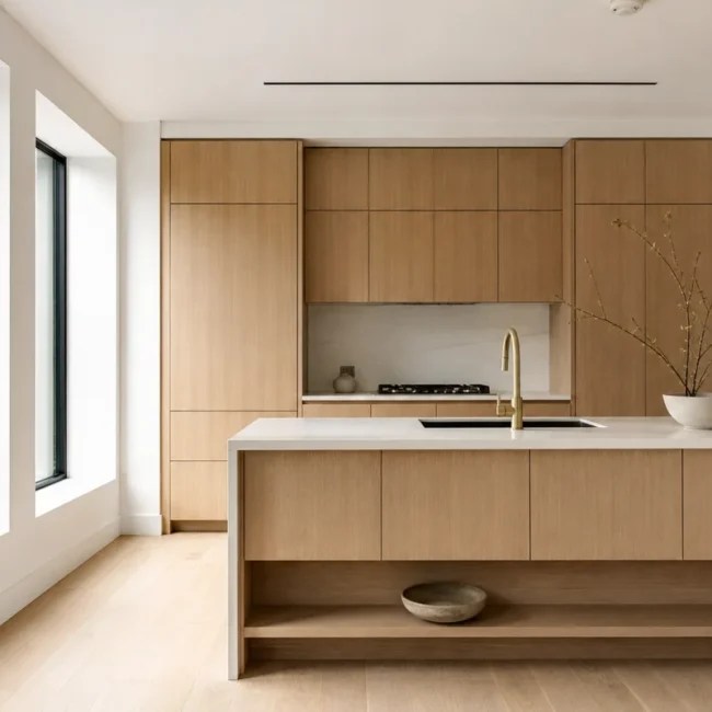 Hyperrealistic japandi kitchen interior, Manhattan apartment, iPhone 15 Pro Max, ProRAW, 50mm, f/2.0