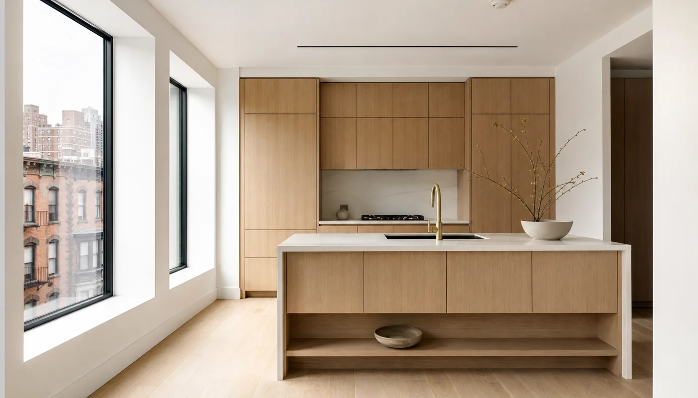 Hyperrealistic japandi kitchen interior, Manhattan apartment, iPhone 15 Pro Max, ProRAW, 50mm, f/2.0