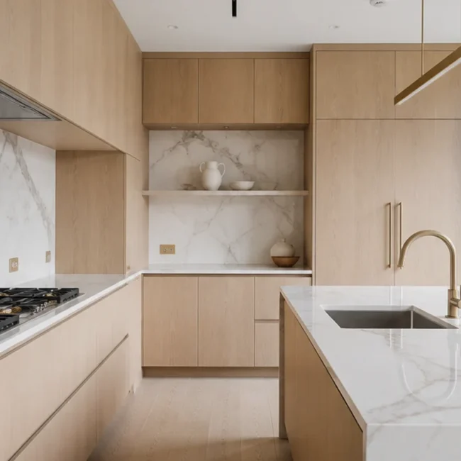 Hyperrealistic luxury Manhattan kitchen interior, iPhone 15 Pro Max, ProRAW, 16mm ultra-wide, f/1.78