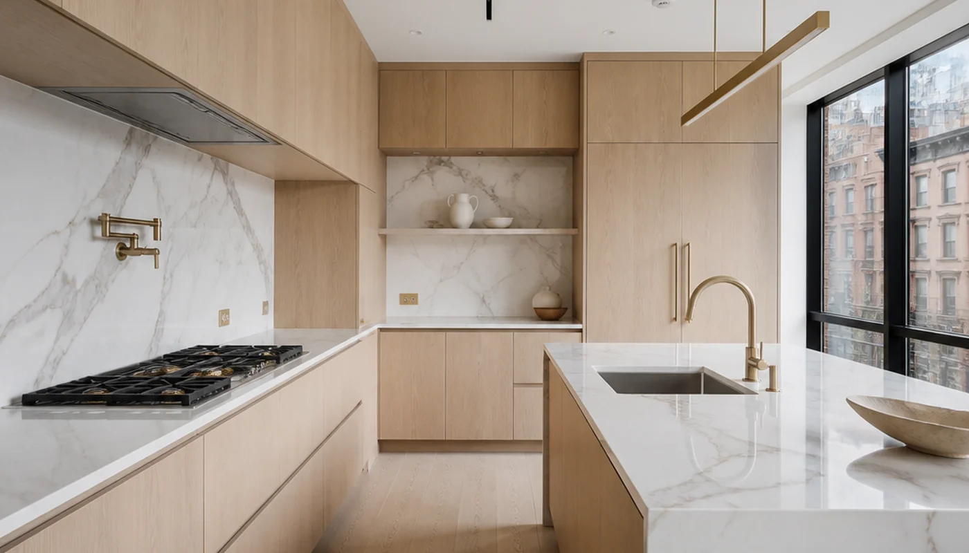Hyperrealistic luxury Manhattan kitchen interior, iPhone 15 Pro Max, ProRAW, 16mm ultra-wide, f/1.78