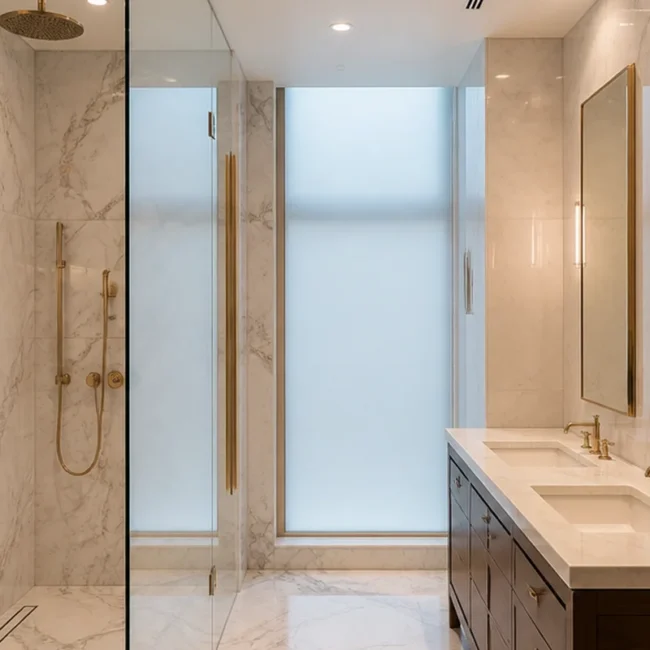 Hyperrealistic luxury spa bathroom, Manhattan apartment, iPhone 15 Pro Max, ProRAW, 28mm, f/2.0, ISO