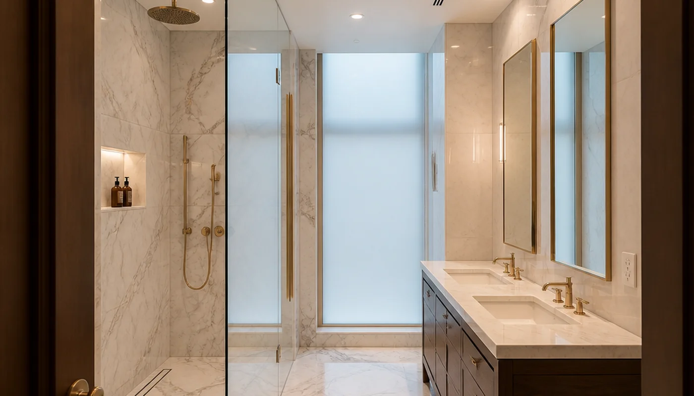 Hyperrealistic luxury spa bathroom, Manhattan apartment, iPhone 15 Pro Max, ProRAW, 28mm, f/2.0, ISO