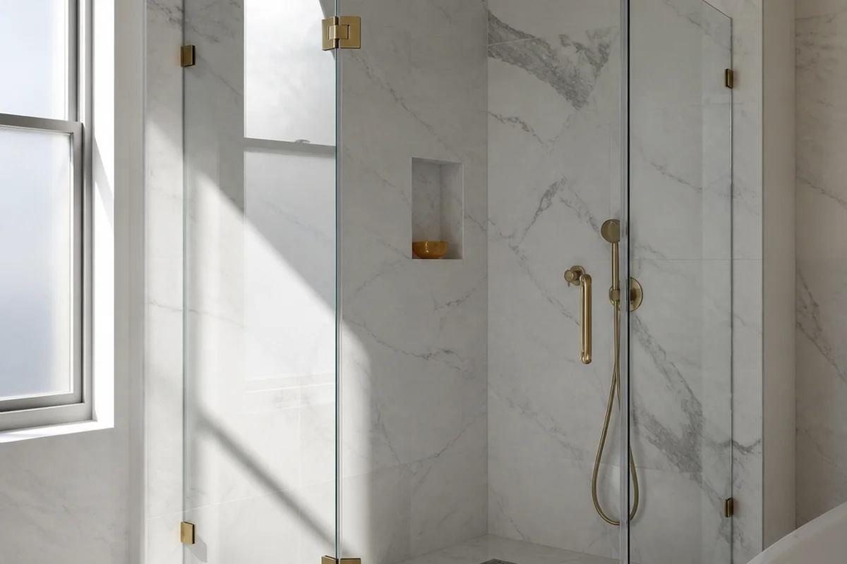 Walk-in corner shower detail, Manhattan apartment bathroom