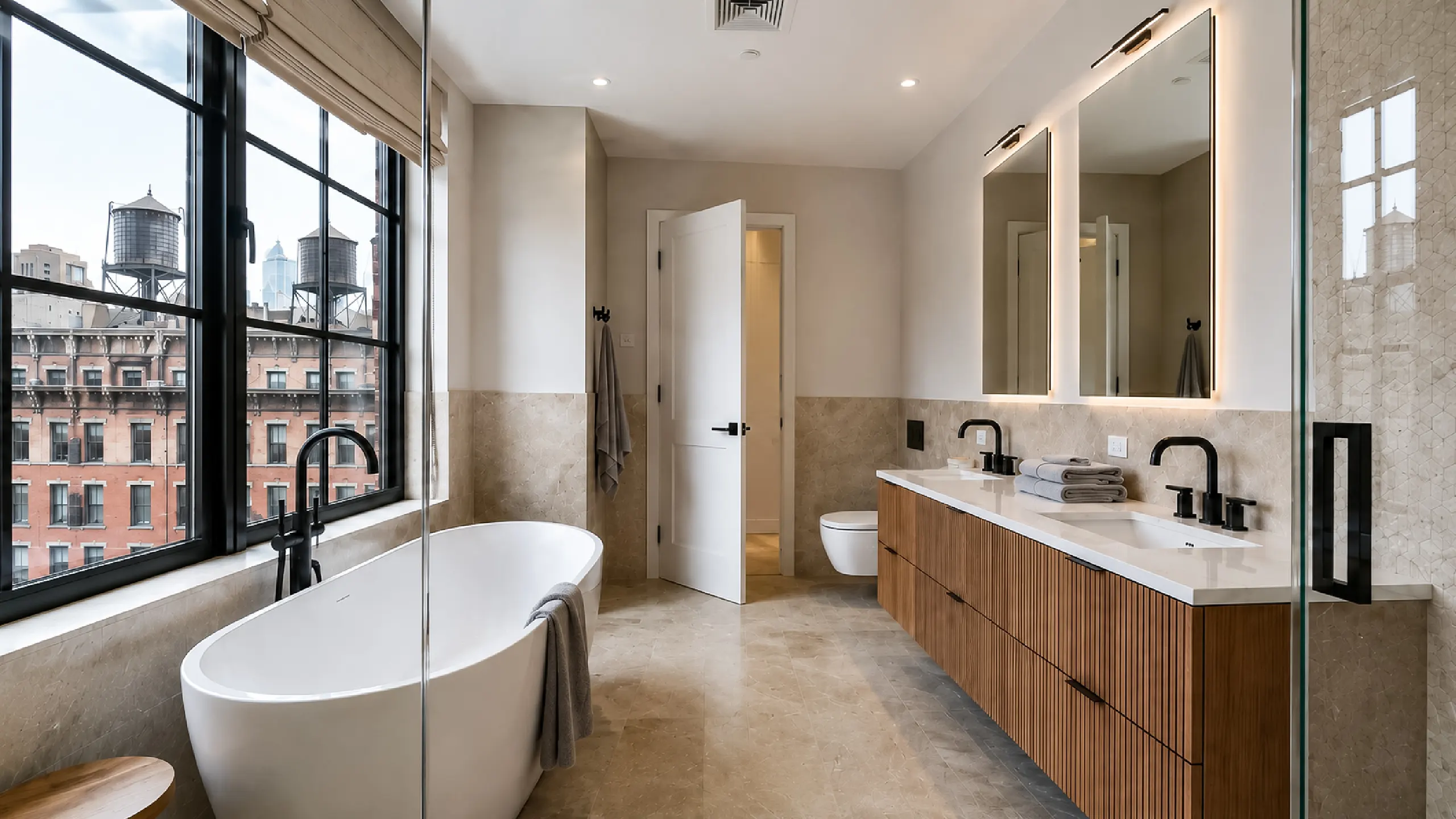 Modern bathroom redesign showcasing a long fluted wood double vanity with black faucets and backlit mirrors, a freestanding white soaking tub near a large black-framed window overlooking classic city rooftops and water towers, and beige stone tile flooring.