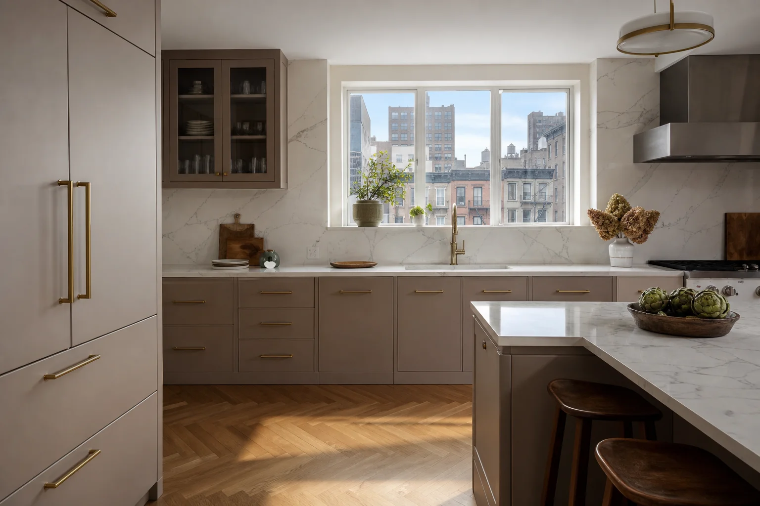 luxury Manhattan kitchen interior, ultra-wide
