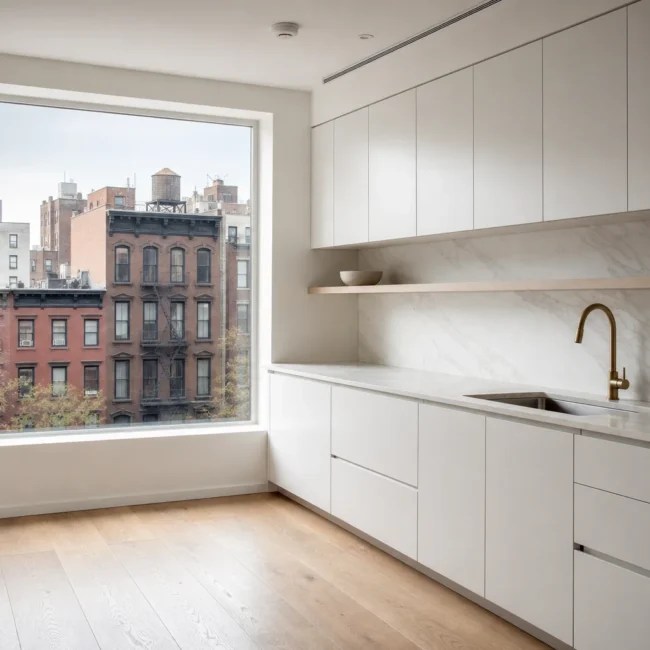 All-white kitchen with flat-front handleless cabinets and marble countertop in Manhattan apartment