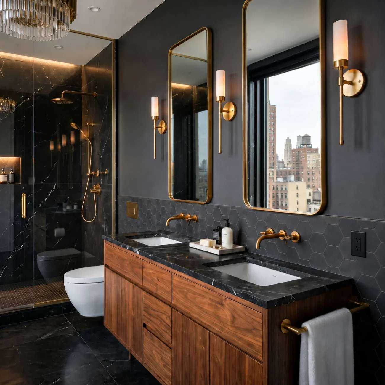 Completed high end bathroom remodel featuring a double walnut vanity with a black marble countertop, wall mounted brass faucets, two gold framed mirrors with matching sconces, and a dark grey hexagonal tile backsplash next to a glass walk in shower