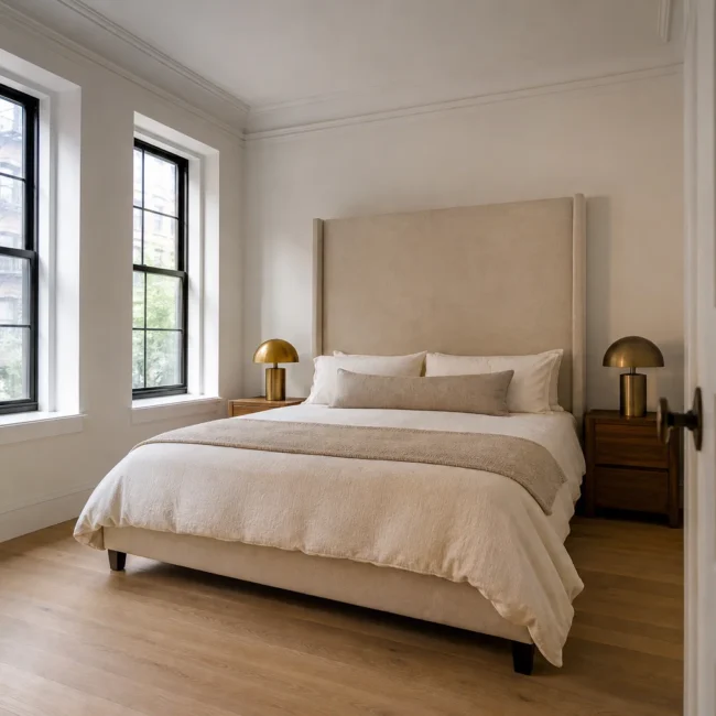 Cream linen headboard against solid plaster wall, matching walnut nightstands with brass lamps, tall black-framed windows showing NYC brownstones, warm ivory bedding