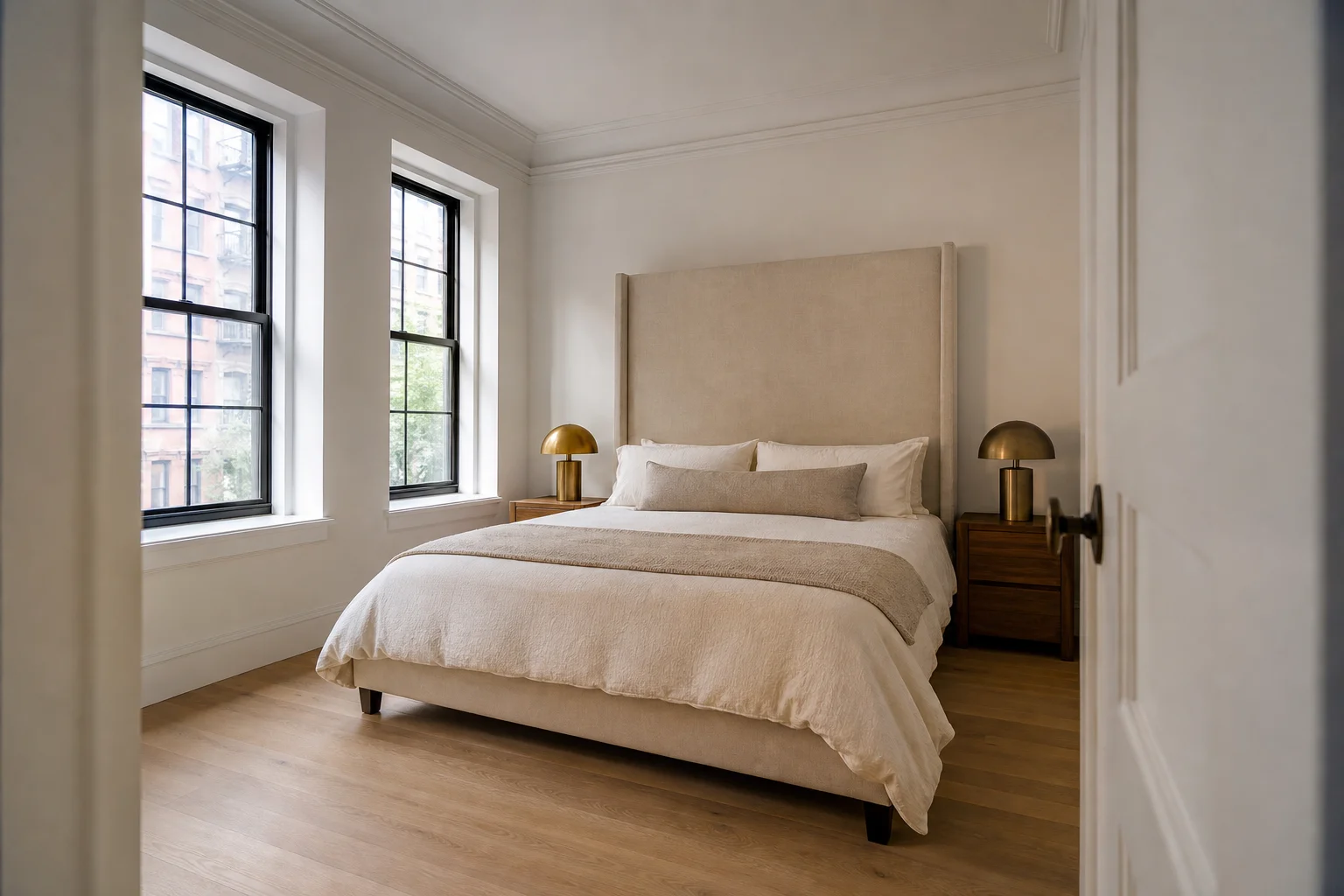 Cream linen headboard against solid plaster wall, matching walnut nightstands with brass lamps, tall black-framed windows showing NYC brownstones, warm ivory bedding