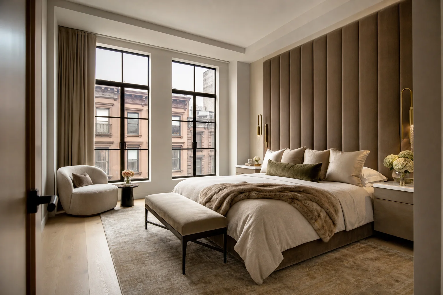 Primary bedroom with taupe upholstered headboard, brass sconces, oak floor, and brownstone view