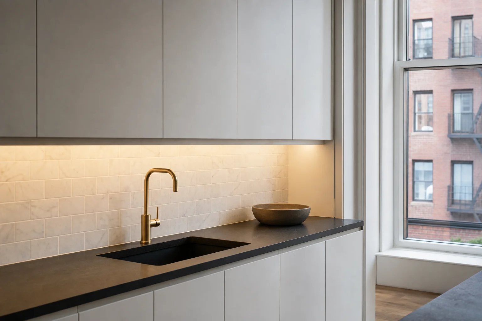 White cabinets with black granite countertop and brushed brass faucet in NYC kitchen