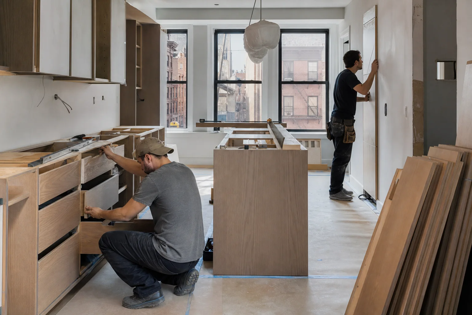 A Manhattan kitchen mid-project with the cabinet boxes still in place and the doors and drawer fronts removed