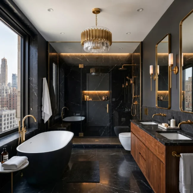 High-end bathroom remodel in a Manhattan apartment featured in master-bathroom-black-renovation-remodeling-contractors-manhattan-nyc.webp, showcasing black marble wall tiles, a freestanding black and white soaking tub, a custom walnut double vanity, and a premium gold chandelier