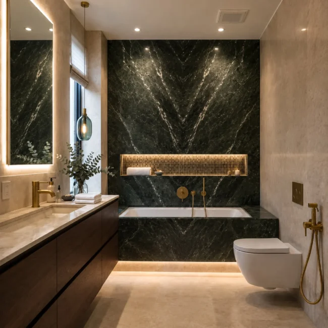Modern luxury bathroom renovation in NYC featured in master-bathroom-spa-remodeling-contractors-manhattan-nyc.webp, with a book-matched dark green marble accent wall over the deep soaking tub, an illuminated recessed niche, a floating wood vanity, and a wall-mounted toilet