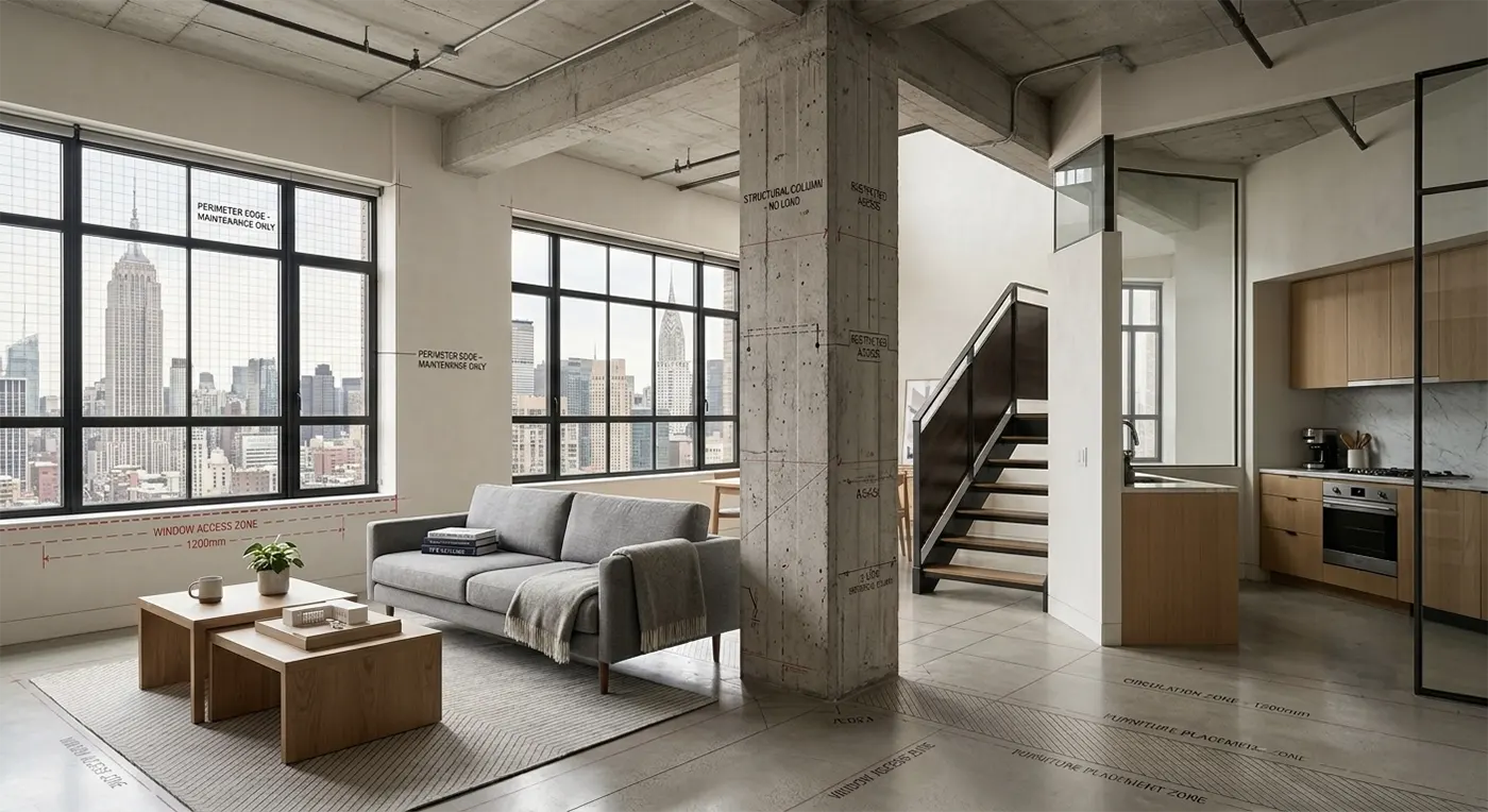A modern loft apartment in NYC featuring a massive, unmovable exposed concrete structural column in the center of the living space, covered in red architect markings indicating load restrictions and no-touch zones