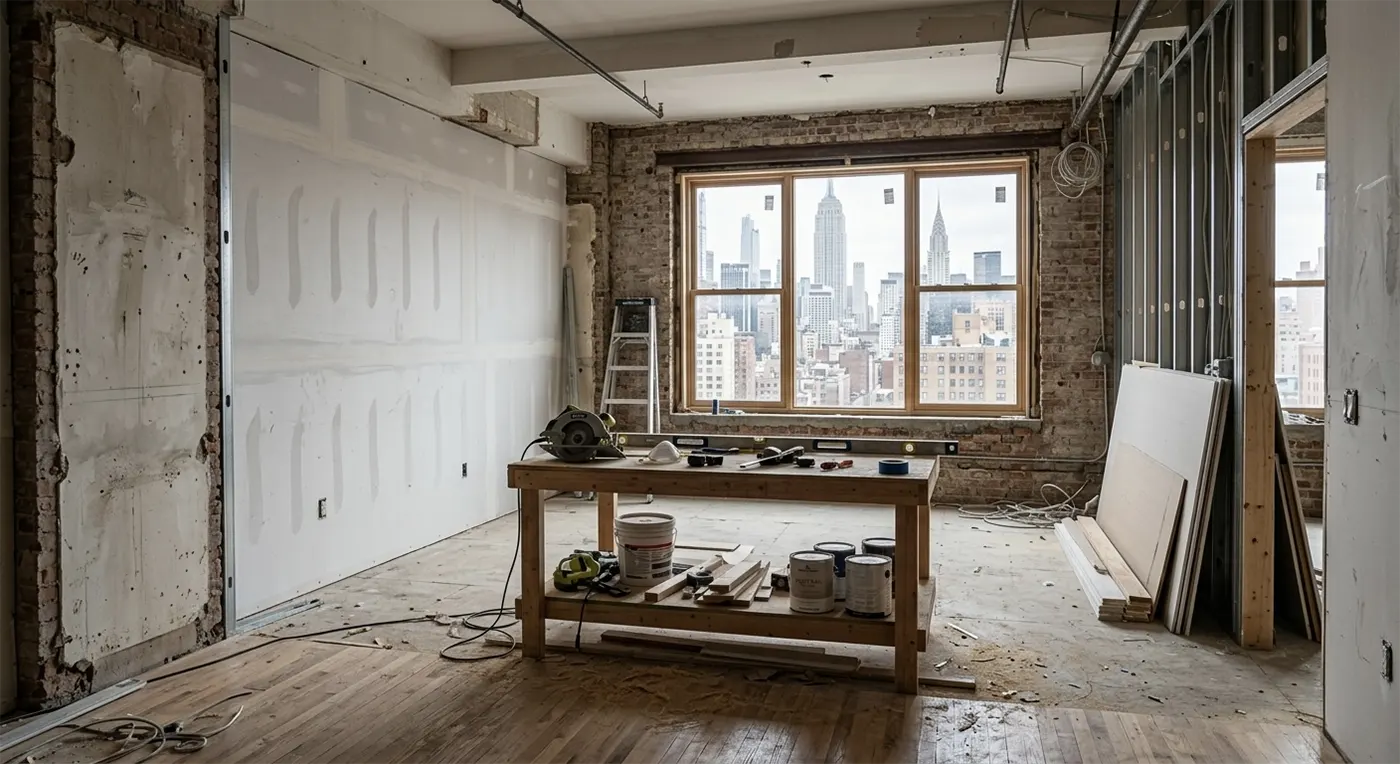 A gutted New York City apartment under construction with tools resting on a wooden workbench, raw brick walls, and a clear view of the Empire State Building through a large window