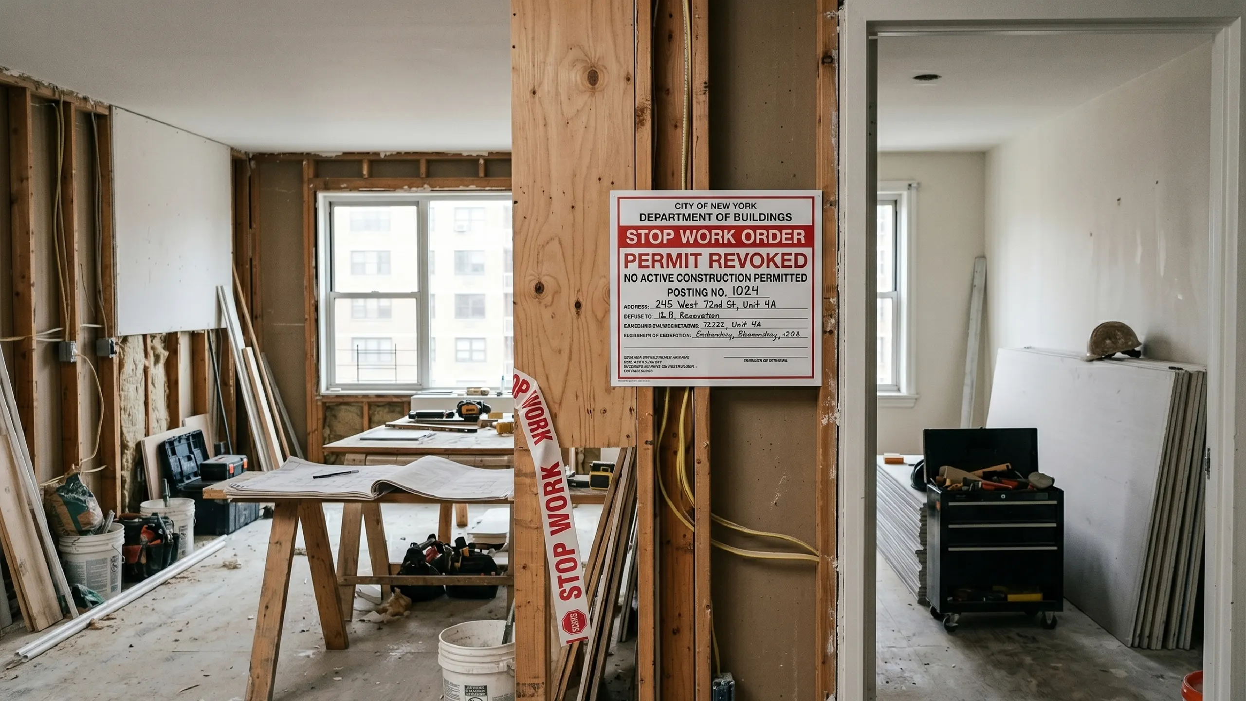 A gutted Manhattan apartment under renovation with a stark red STOP WORK ORDER - PERMIT REVOKED notice posted by the NYC Department of Buildings on a central wooden support column, surrounded by caution tape