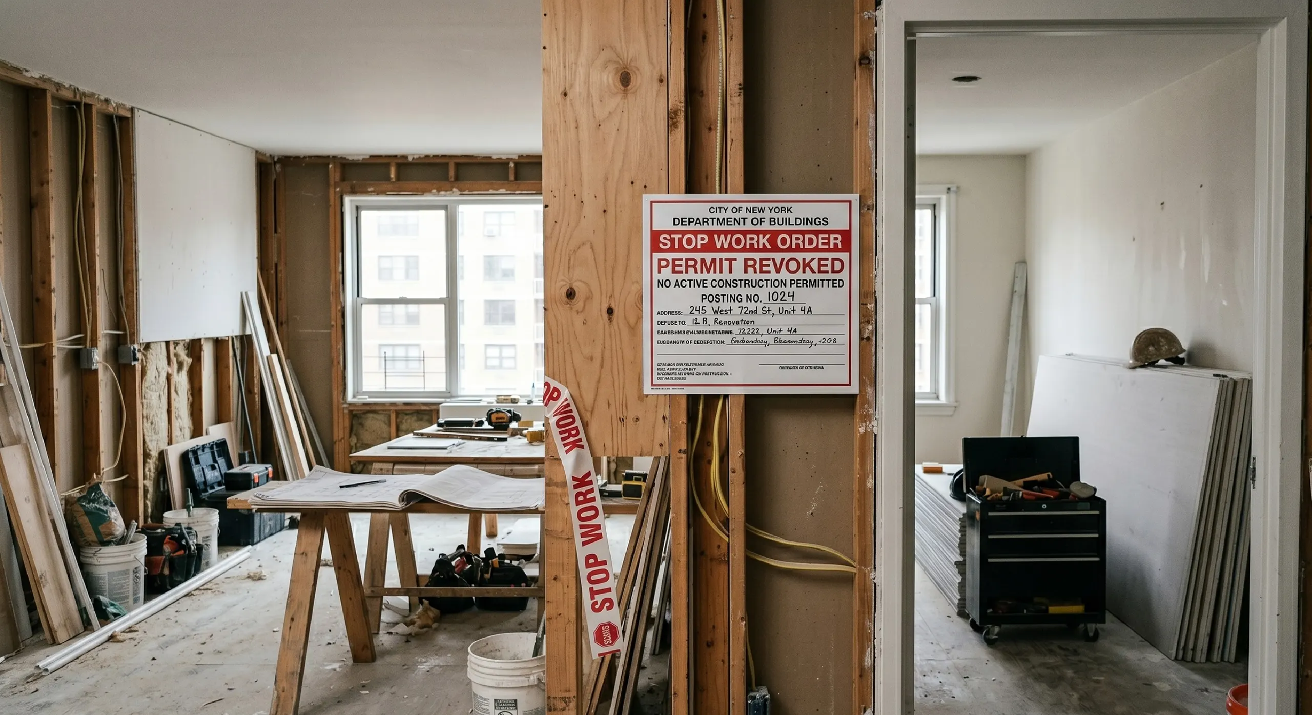 A stripped-down NYC apartment renovation site completely halted by a stark red and white Department of Buildings STOP WORK ORDER sign posted prominently on a wooden stud, illustrating the severe consequences of permit violations