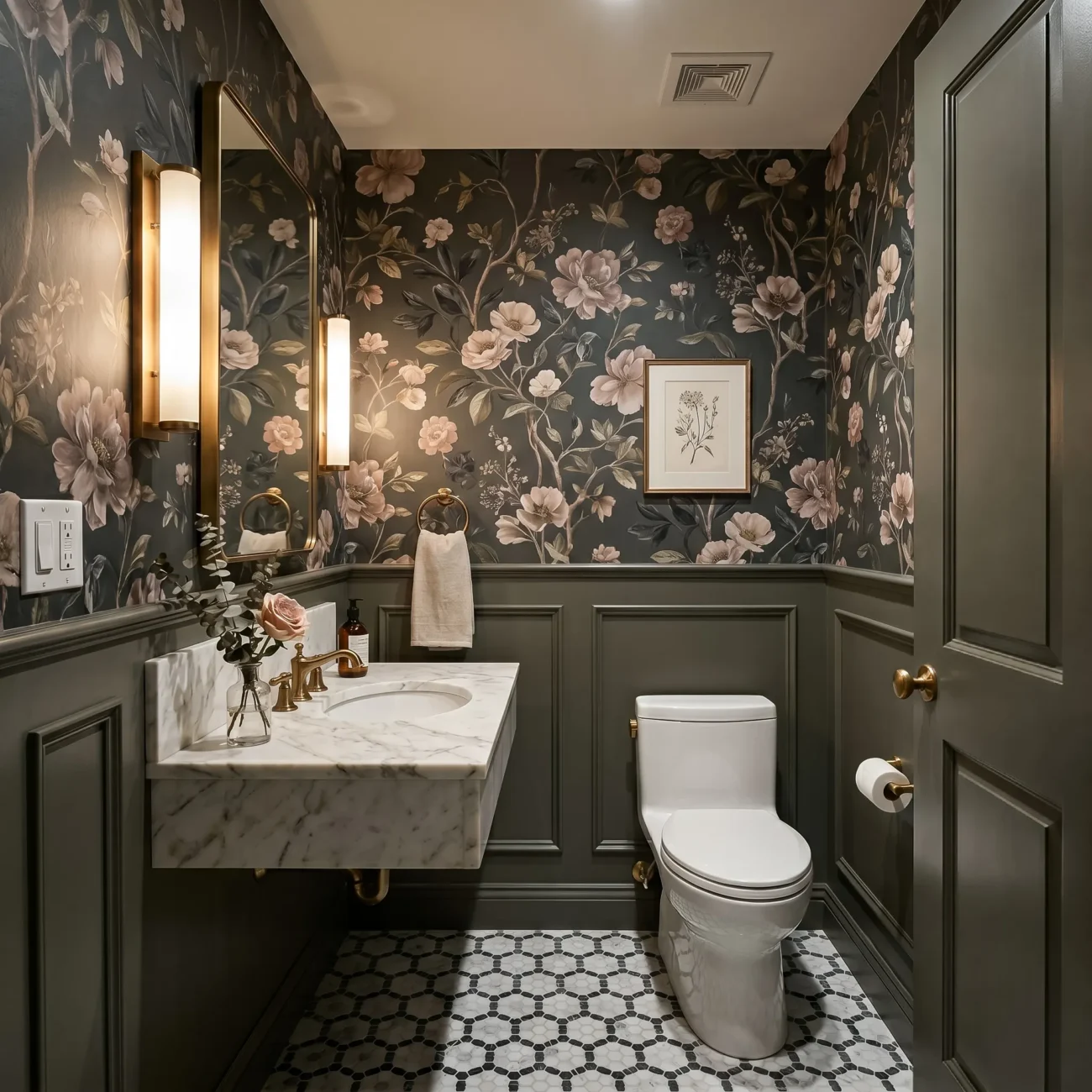 Completed classic-contemporary powder room design featured in powder-room-renovation-remodeling-contractors-nyc.jpg, showcasing the implemented materials from the design phase: dark olive wainscoting, dramatic botanical wallpaper, a floating marble sink vanity with brass fixtures, modern tube sconces, and black-and-white marble mosaic floor tiling