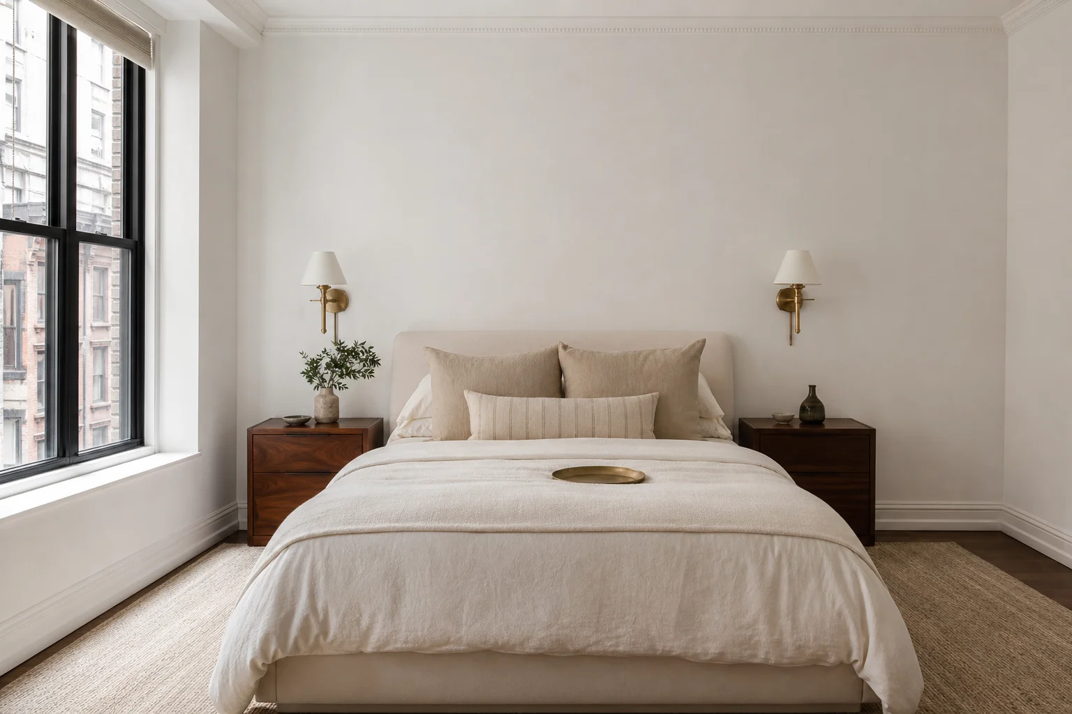 Symmetrically arranged bedroom with paired walnut nightstands and brass wall sconces on each side, centered queen bed, Manhattan brownstone view