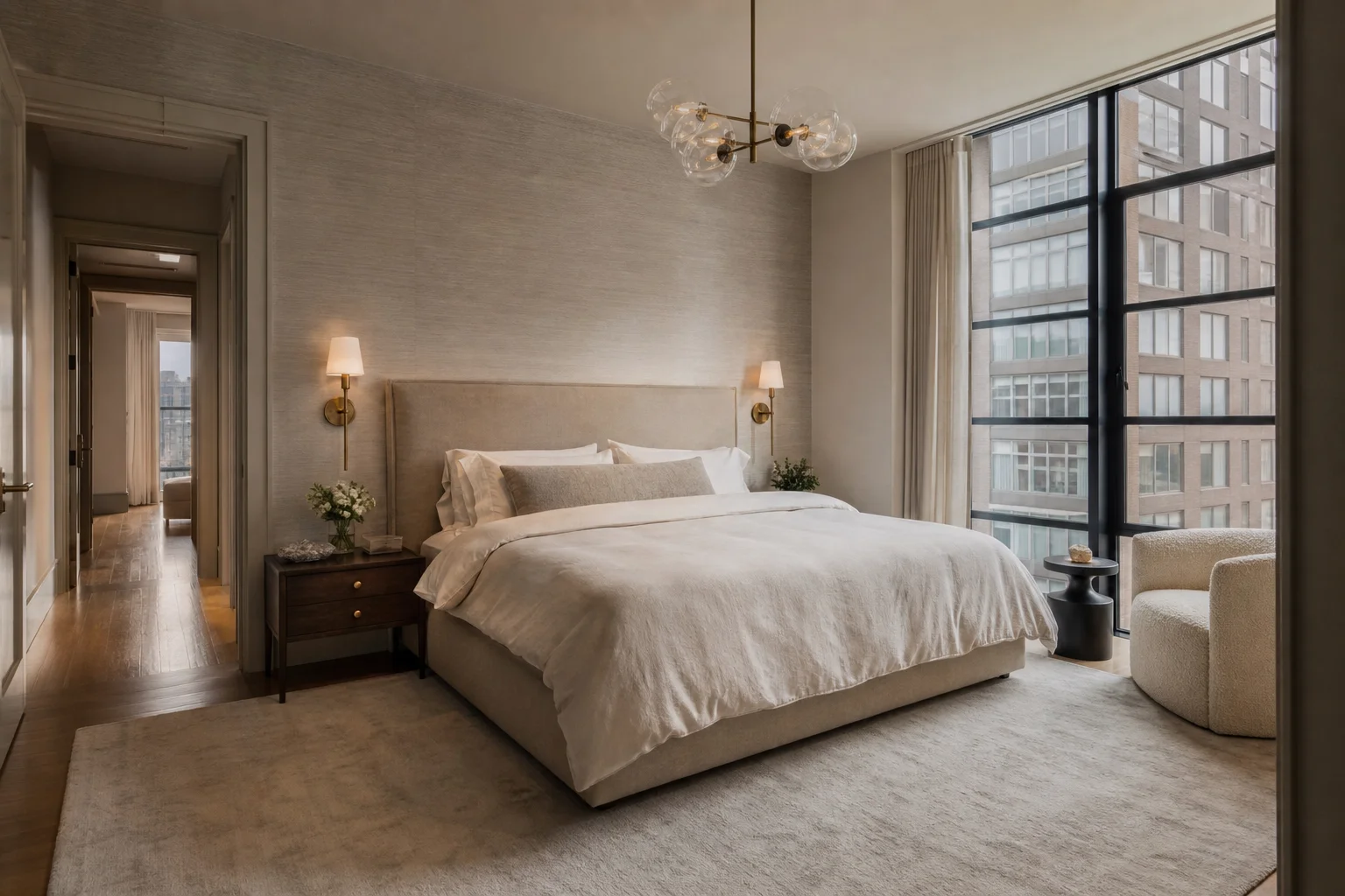 Bedroom showing bed with solid headboard positioned to face the door and large black-framed window