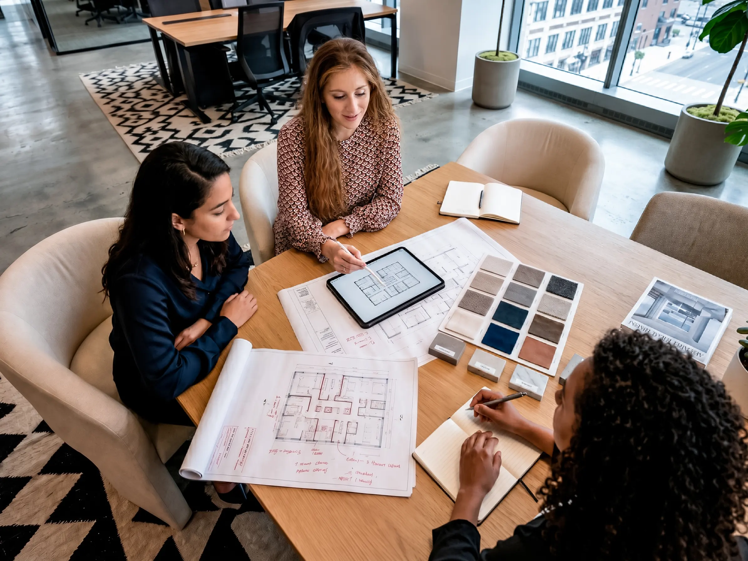 High-angle view of interior designers and a client discussing a luxury bathroom renovation project, reviewing plumbing layouts and floor plans on a tablet, and selecting tile and countertop material samples