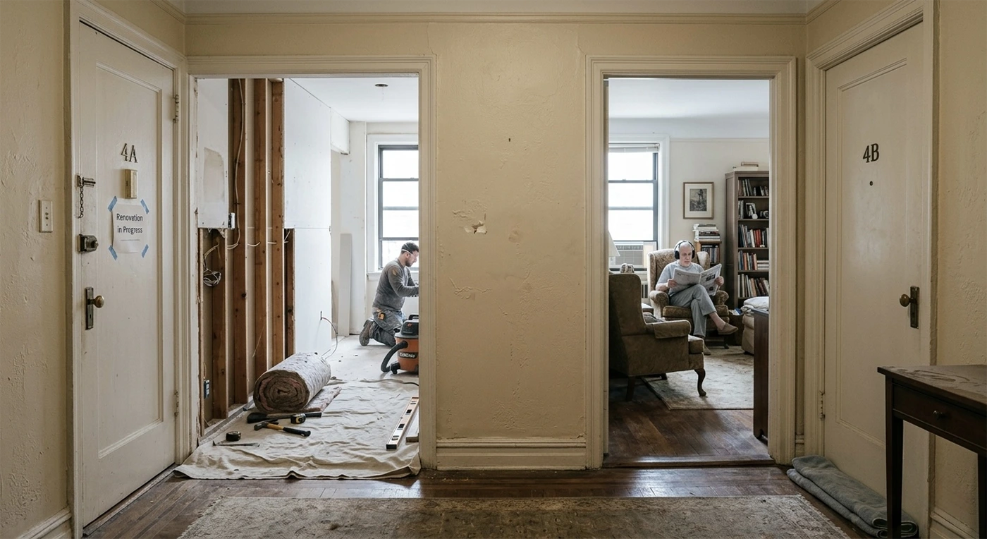 A split view showing an active, noisy apartment renovation with a worker cutting materials on the left, and an annoyed elderly neighbor trying to read a newspaper while wearing noise-canceling headphones in the adjacent apartment on the right
