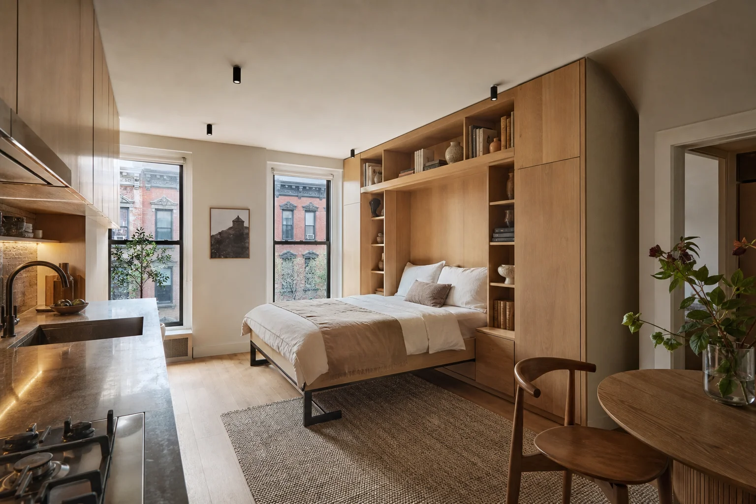Studio with Murphy bed in white oak built-ins and window showing brownstone outside