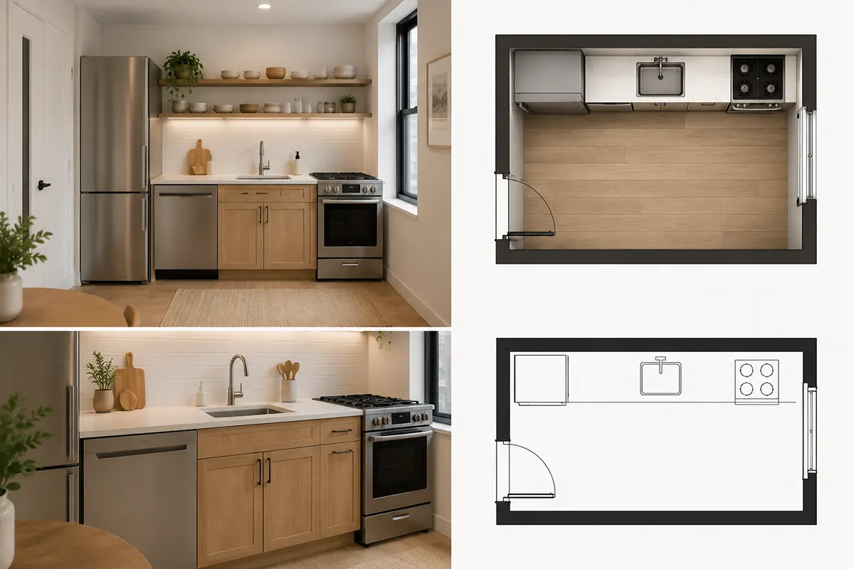 Small modern kitchen floor plan with single-wall layout, compact appliances, open shelving, and space-saving storage solutions in a NYC apartment.